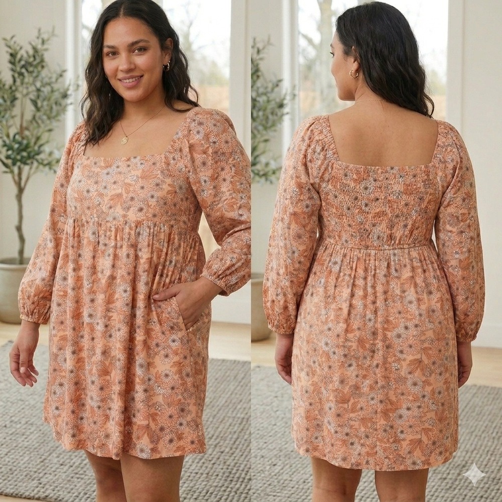 J.Crew Dress Women 2XL Peach Floral Smocked Back Puff Sleeve 100% Cotton